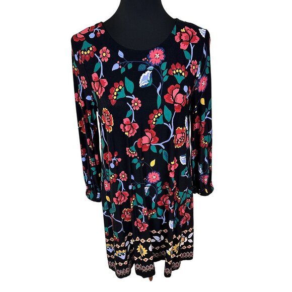 Loft Floral Black Long Sleeve Mini Dress Multicolor Medium Petite Rayon - Picture 1 of 10